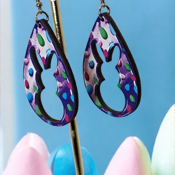 Wood Colorful Egg Print With Bunny Cutout Teardrop Earrings - Picture 2 of 5